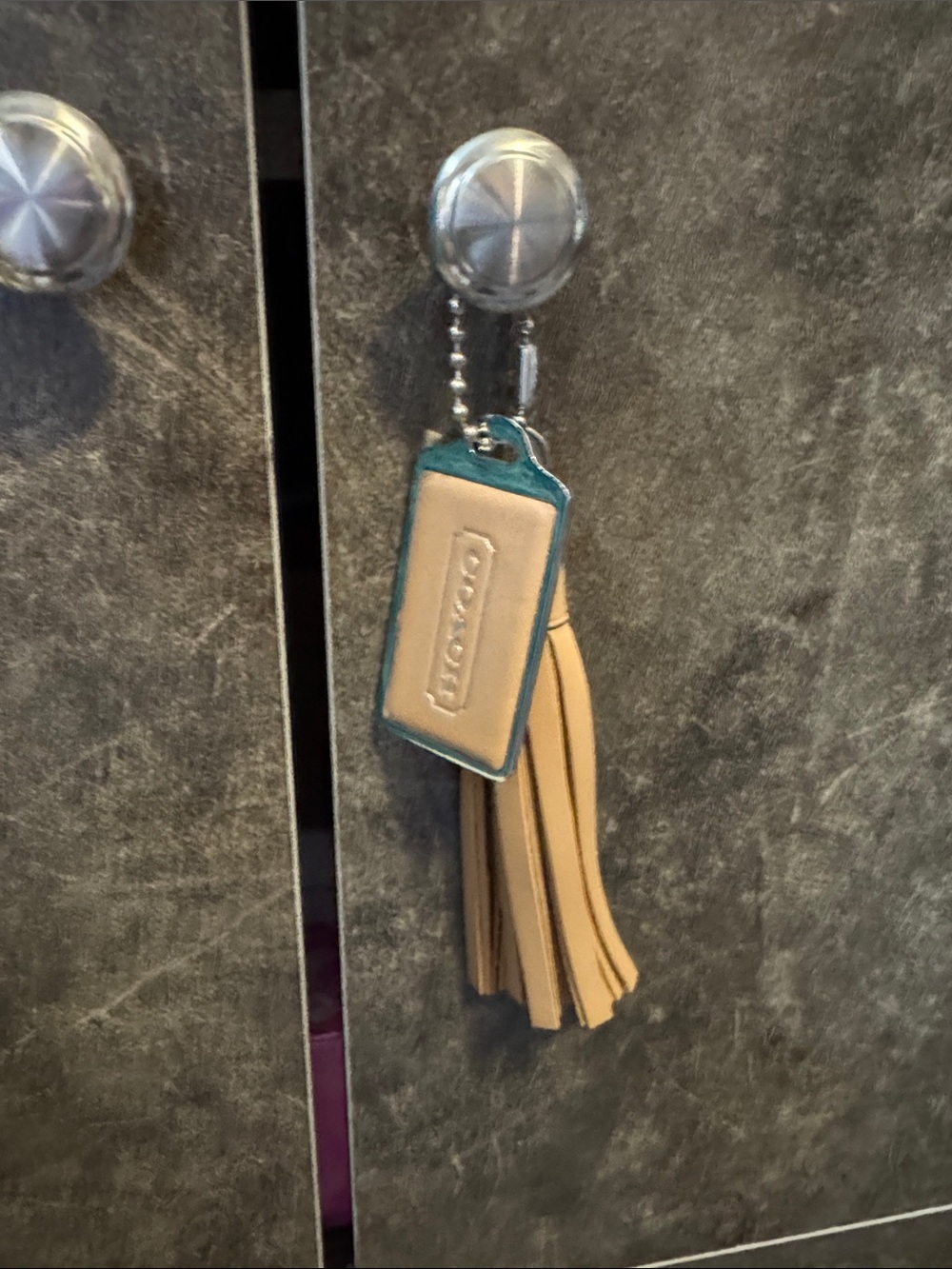 Coach Beige Leather Tassel Keychain with Silver Trim